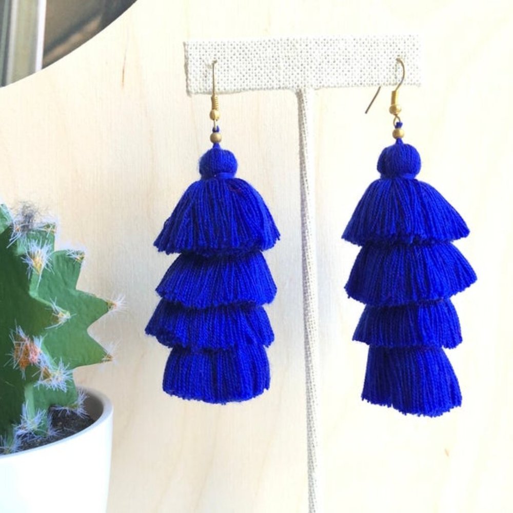 Long Cotton Tassel Earrings in Royal Blue